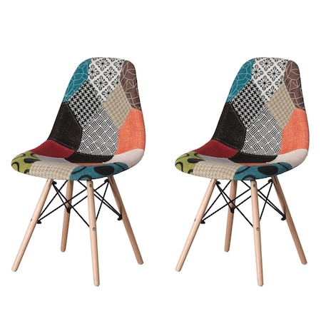 Fabulaxe Modern Fabric Patchwork Chair w/Wooden Legs for Kitchen, Dining Room, Entryway, Living Room, PK 2 QI004328.2